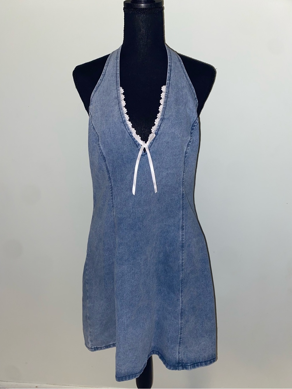 Blue Halter Denim Dress with Lace Trim